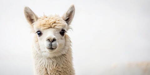 Fototapeta premium Blurred face alpaca standing against white backdrop, alpaca, face, blurred, white backdrop, animal, wooly, cute, domestic, mammal