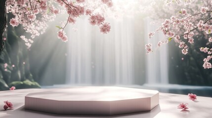 White Podium with Cherry Blossoms and a Waterfall Background