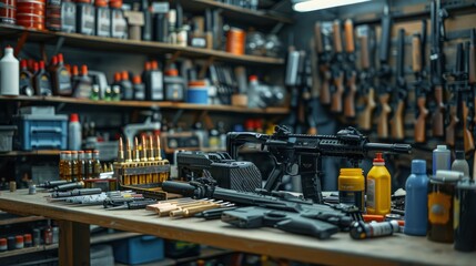 Naklejka premium A detailed shot of a gun cleaning process with various tools and cleaning solutions laid out on a workbench, highlighting the maintenance required for firearm care