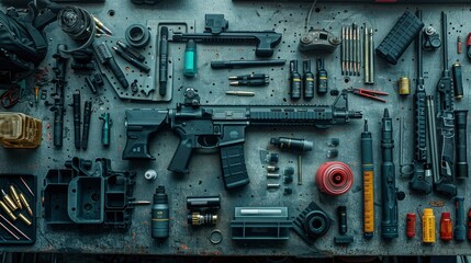 A detailed shot of a gun cleaning process with various tools and cleaning solutions laid out on a workbench, highlighting the maintenance required for firearm care