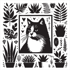 A cat and a plant in an illustrated frame  silhouette vector with white background