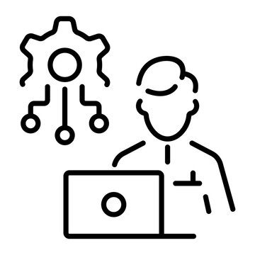 A line style icon of manager working on laptop 