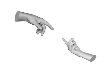 Female and male statue's hands reaching toward each other extending a helping hand isolated on a white background. Handover. 3d trendy collage in magazine style. Contemporary art. Modern design