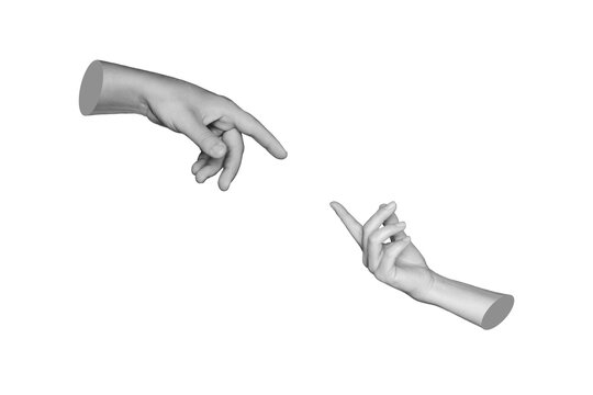 Female and male statue's hands reaching toward each other extending a helping hand isolated on a white background. Handover. 3d trendy collage in magazine style. Contemporary art. Modern design