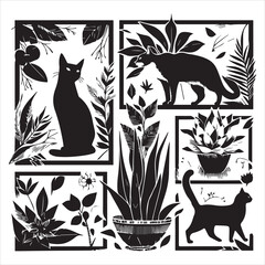 A cat and a plant in an illustrated frame  silhouette vector with white background
