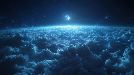  clouds at night. The view is like being on top of the atmosphere. Light from the moon hits the clouds.