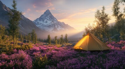 Obraz premium Tent set up in a meadow blooming with pink heather, with a towering mountain peak in the background at sunrise, creating a peaceful outdoor scene.