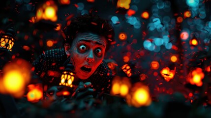 Fototapeta premium Whimsical Figure in Haunted Graveyard with Flickering Lanterns, Surreal Abstract Background in HDRIs 32k Super-Resolution