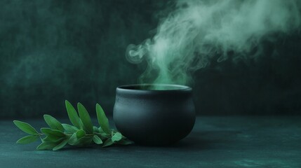 Mystical sage, foggy enchanted woods, mystical potion brewing, arcane ritual, luminescent plants, serene vibe