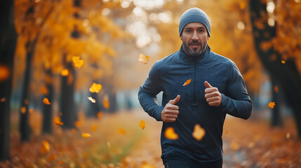 Obraz premium Man in athletic gear running through a park in the early morning cold of autumn, golden leaves falling around him