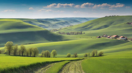 Fototapeta premium landscape with green hills and blue sky. Genrative.ai 