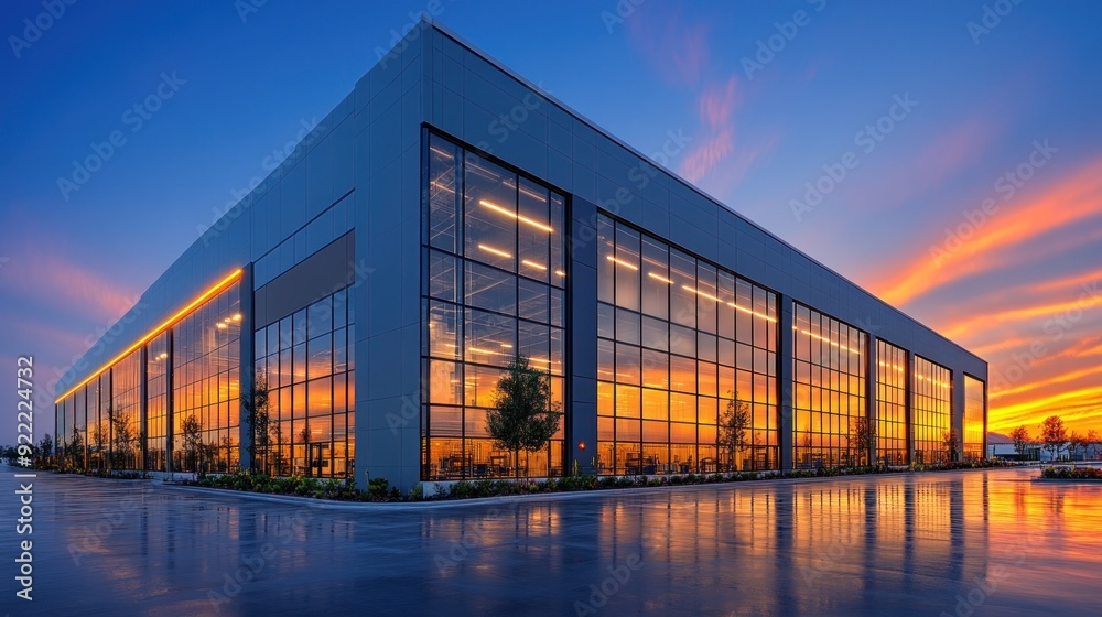 Sticker Modern Building with Glass Facade at Sunset