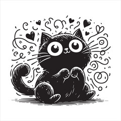 Fototapeta premium A cat and a plant in an illustrated frame silhouette vector with white background 