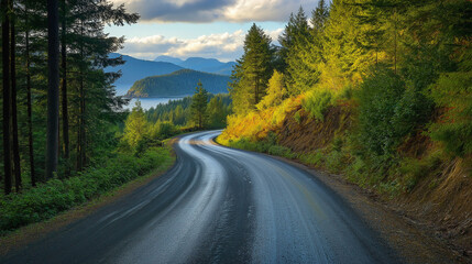 Obraz premium Wege finden Zukunft planen Straßenverlauf ohne Autos ohne Menschen nur Natur Herbstfarben Person mit Rucksack Generative AI