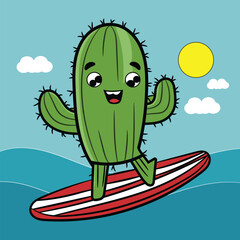 A cartoon Cactus character playing with a surfing board cartoon illustration