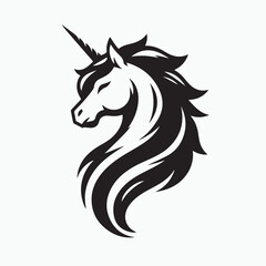black and white vector illustration of a unicorn head with flowing mane, exuding strength and grace.