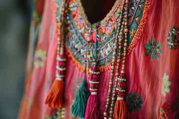 Fototapeta premium Bohemian tunic with detailed embroidery and tassels