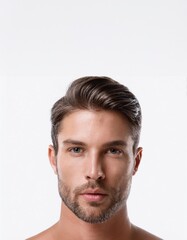 Fototapeta premium Close-up portrait of a young, handsome man with styled hair and a well-groomed beard, looking confidently at the camera, against a clean white background.