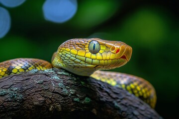 Fototapeta premium A vibrantly colored snake is curled up on a branch, poised with intent, against a softly blurred natural background.