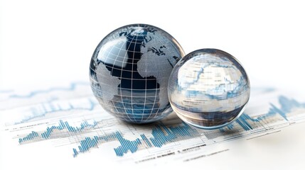A crystal globe symbolizes global business and data analysis with charts and graphs in the background, representing economic trends.