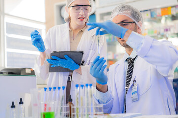 team scientist Experimenting through tubes of chemical liquids and plant samples. In a laboratory with test samples in the background in a modern laboratory By testing safely and cleanly.