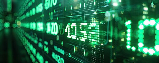 Obraz premium Abstract digital display with glowing green numbers, representing financial data and technology perception.