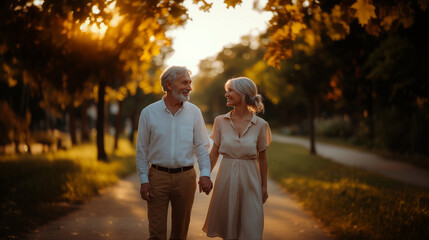 Fototapeta premium In the golden hour, a charming elderly couple takes a romantic walk through a colorful autumn park. 