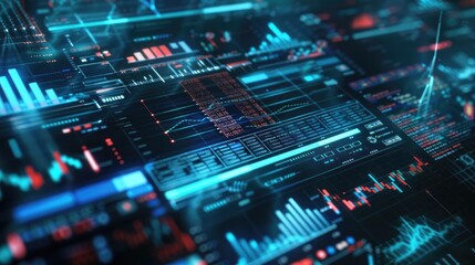 Fototapeta premium Futuristic data analysis interface with charts, graphs, and digital elements in vibrant blue and red tones.