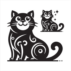 Print A cat and a plant in an illustrated frame  silhouette vector with white background