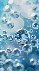 Fototapeta premium Close-Up Shot of Molecules Structure in 2 Serum Liquid Bubbles, Light Blue Theme, Clean and Simple Background, 3D Rendering