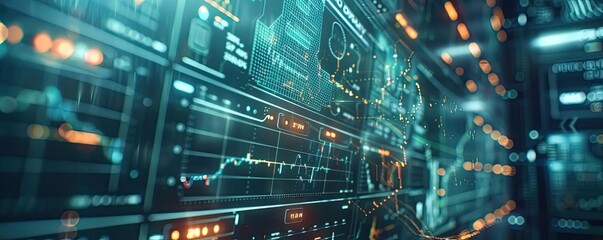 Naklejka premium Futuristic data visualization with glowing interfaces and digital charts for technology and finance applications.