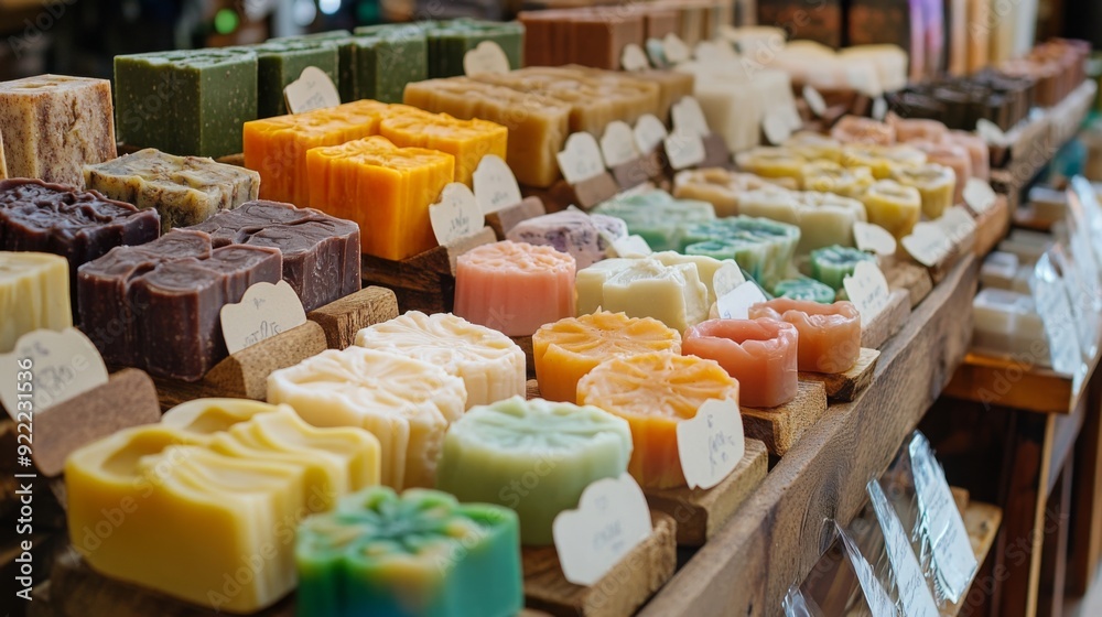 Poster A variety of handmade soaps in different shapes and colors are neatly arranged on a wooden display at a market. Labels indicate the scents and ingredients of each soap.
