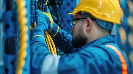 Electrical wiring and circuit maintenance work being performed by professional electricians wearing safety gear at an industrial construction site