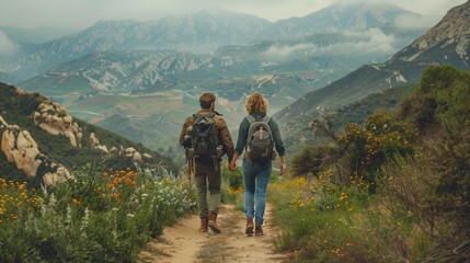 Obraz premium An LGBTQ+ couple in a serene nature setting, hiking on a scenic trail. They are holding hands, with backpacks and outdoor gear, surrounded by mountains and greenery. The mood is adventurous and