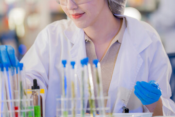 female scientist Experimenting through tubes of chemical liquids and plant samples. In a laboratory with test samples in the background in a modern laboratory By testing safely and cleanly.