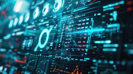 Abstract technology background with data visualizations, charts, and graphs representing digital analysis and performance metrics.