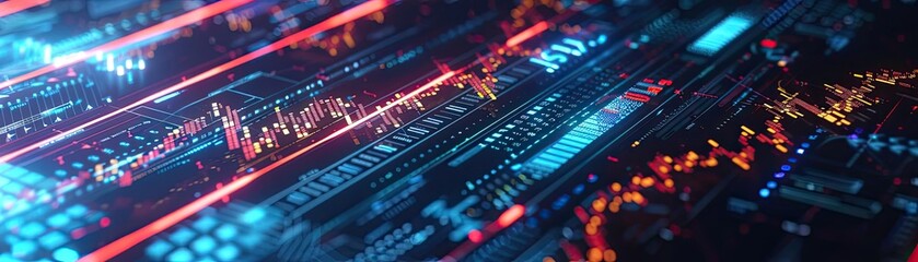 Obraz premium Abstract digital data stream with vibrant lights, showcasing the flow of information in a dynamic, futuristic environment.