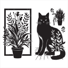 Print A cat and a plant in an illustrated frame  silhouette vector with white background