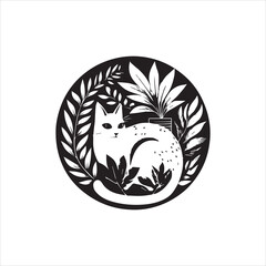 Naklejka premium Print A cat and a plant in an illustrated frame silhouette vector with white background