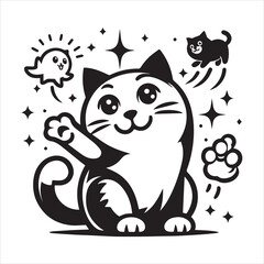 Print A cat and a plant in an illustrated frame  silhouette vector with white background