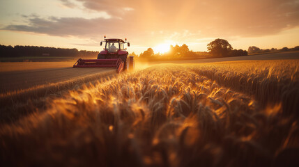 At sunset, a farmer navigates a tractor loaded with gleaming grain through a field, showcasing the tranquil beauty of the countryside and the day's hard work coming to a close.

