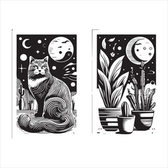 Fototapeta premium Print A cat and a plant in an illustrated frame silhouette vector with white background