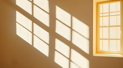 Diagonal window shadows and light on beige wall Trendy colored natural light concept background with copy space