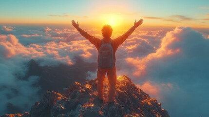 Hiker celebrating reaching mountain peak at sunset above the clouds