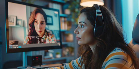 A young woman is engaged in a video call, focused on her computer screen. She wears a headset for clearer communication,. caucasian woman