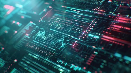 Fototapeta premium Abstract digital data visualization with vibrant colors reflecting in a futuristic interface. Ideal for tech and finance themes.