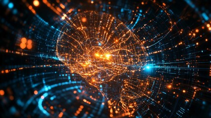 Obraz premium Abstract digital brain composed of binary code and glowing neural pathways
