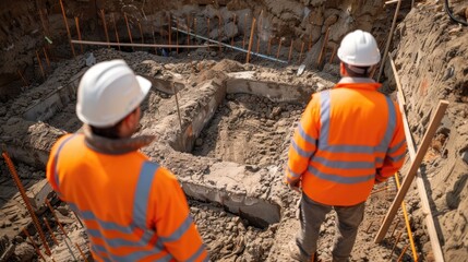 Construction workers in orange vests and hard hats pouring concrete into deep foundation molds at an active construction site
