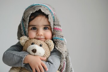A young child wearing a colorful headscarf tightly holds a teddy bear against a plain backdrop. The image captures innocence and purity with a hint of cultural flair.