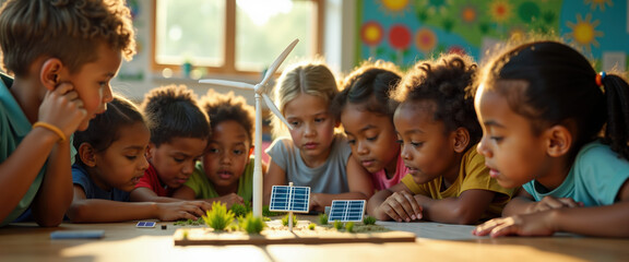 Kids learning about renewable energy - solar panel and windmill model, classroom education, children looking at technology.